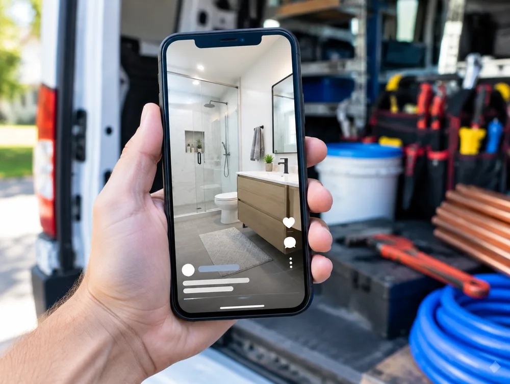 A contractor holding a phone that plays a short video of a finished bathroom remodel